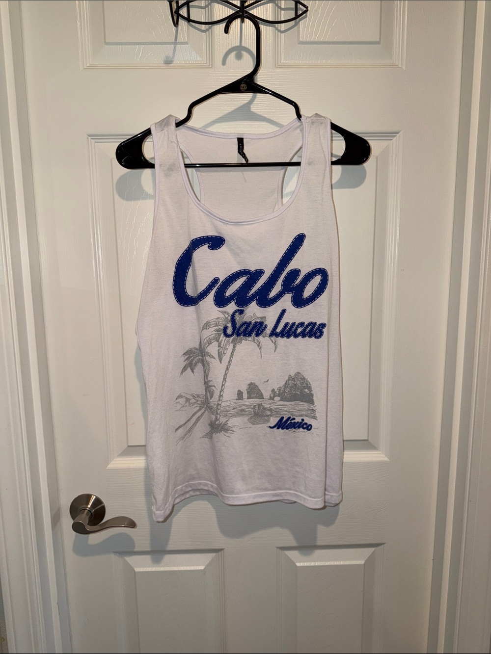 White Muscle Tank with Blue Cabo Script